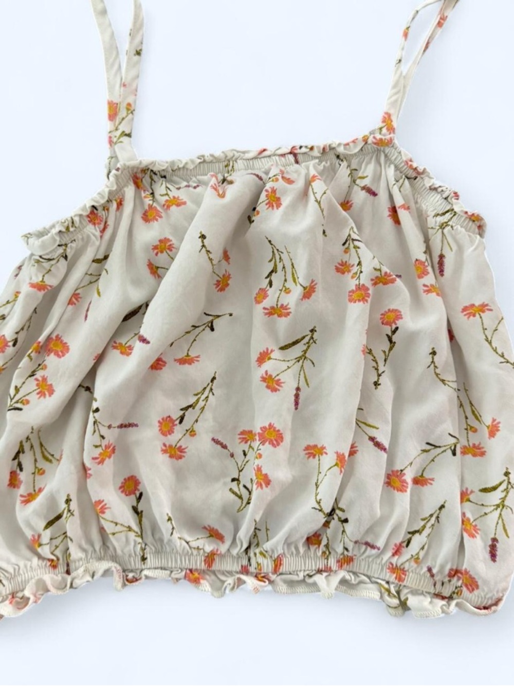Floral Cream Smocked Cropped Cami with Orange Blooms